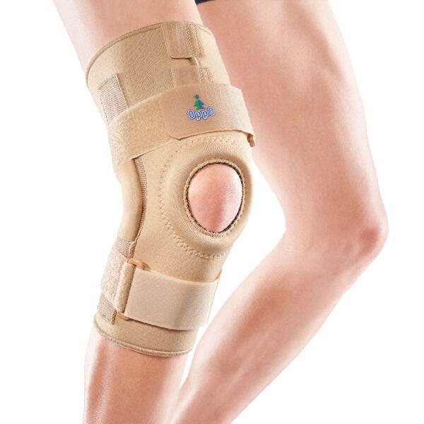 Hinged knee stabilizer neoprene open with strap