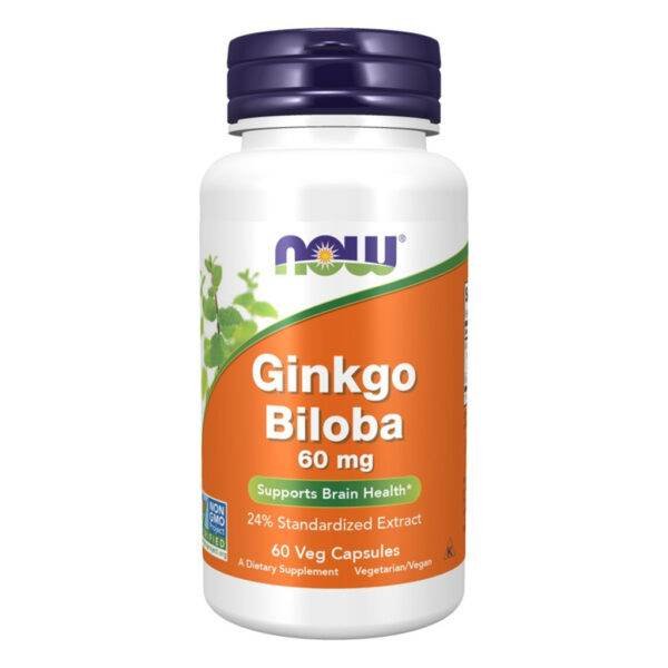 Now 60mg Ginkgo Biloba Supplement Vegetarian Capsules For Brain Health, Pack of 60's